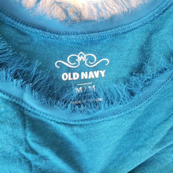 Teal Blue Crew Neck 1/2 Sleeve Tee with Fringe Detail Collar - Size M - Picture 2 of 4